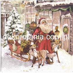 Serwetka -3155- MINI 25x25 cm , wzór 4 krotny , Mikołaj ,sanie